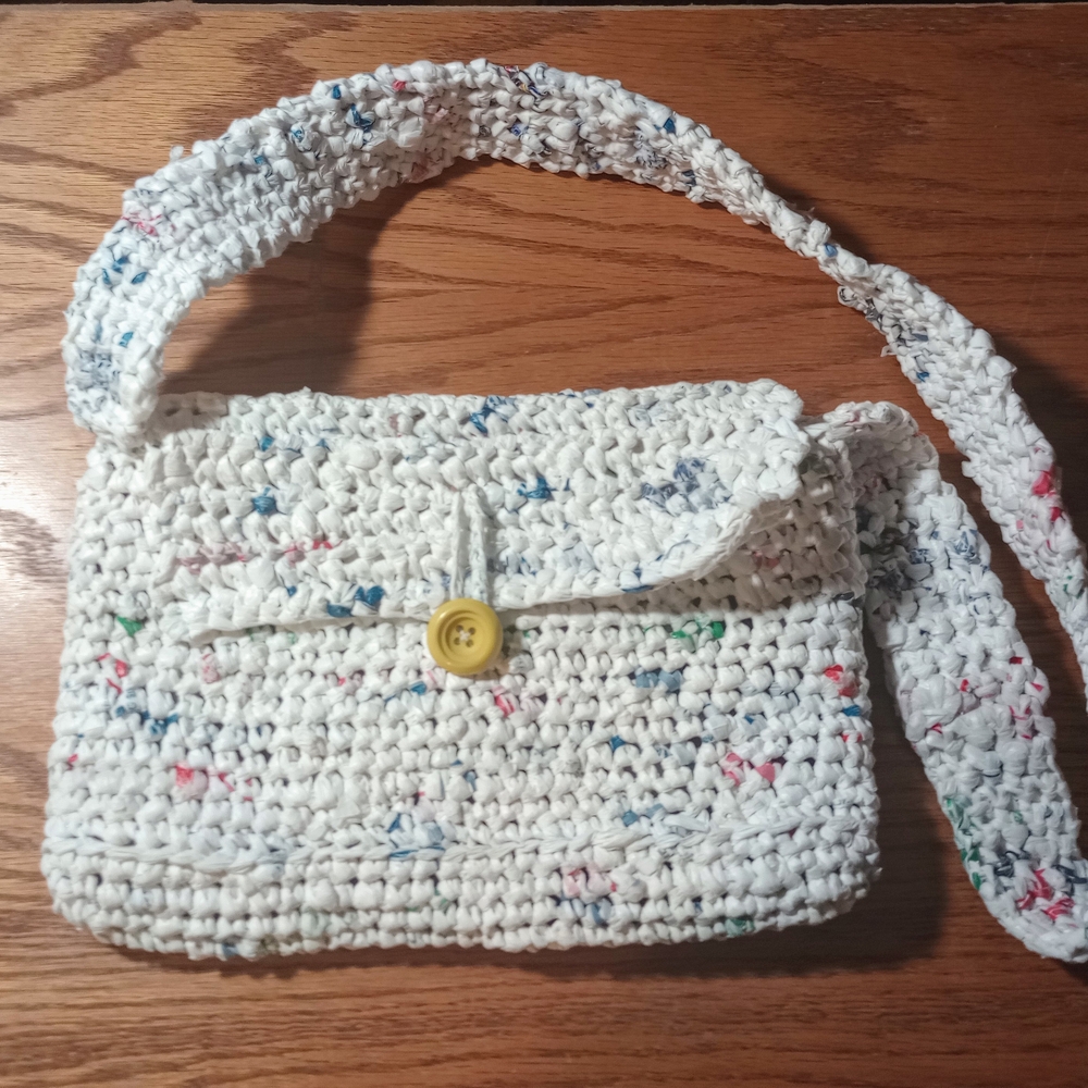 Plarn Purse Handbag With Yin Yang Fabric Liner Upcycle, New Age, Eco Friendly